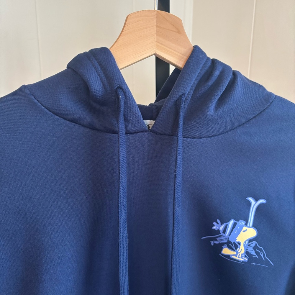 Peanuts Apres Ski Club Hoodie Womens Small Navy Blue Snoopy Graphic Pullover NWT